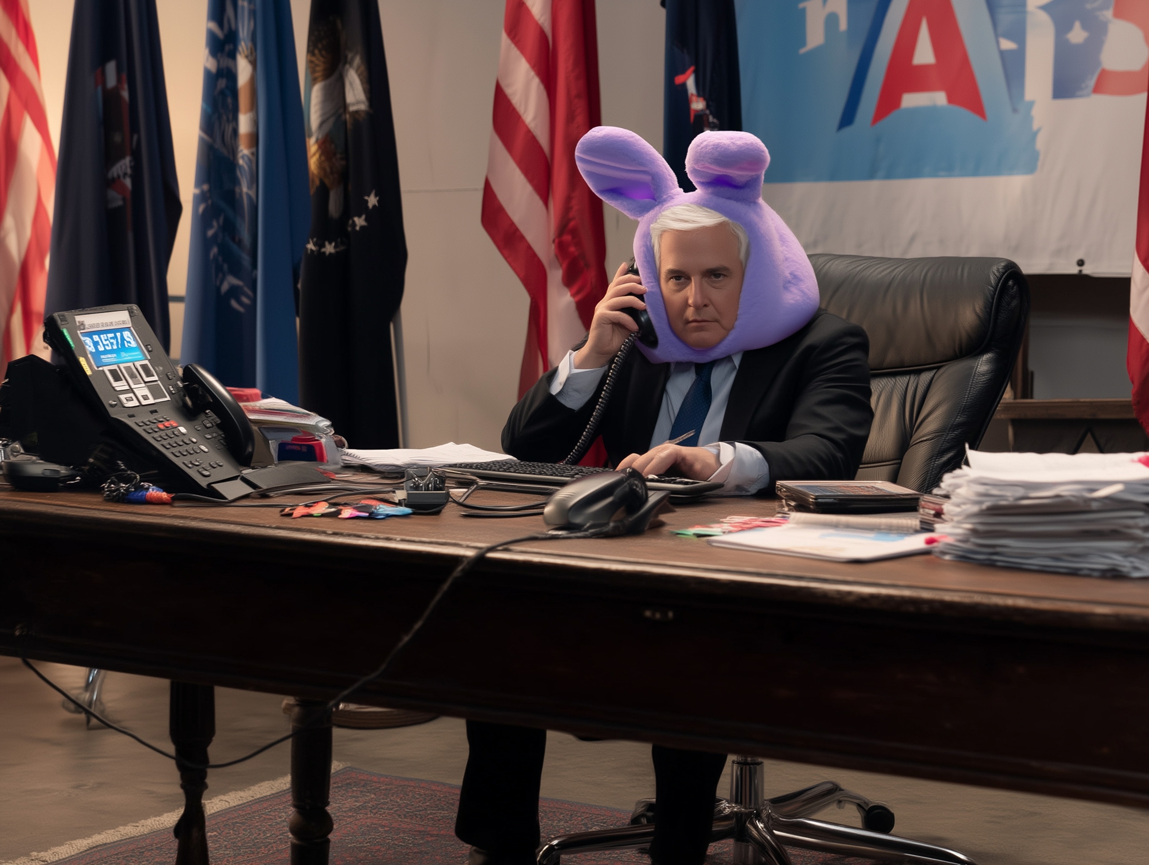 Bun mascot at office desk